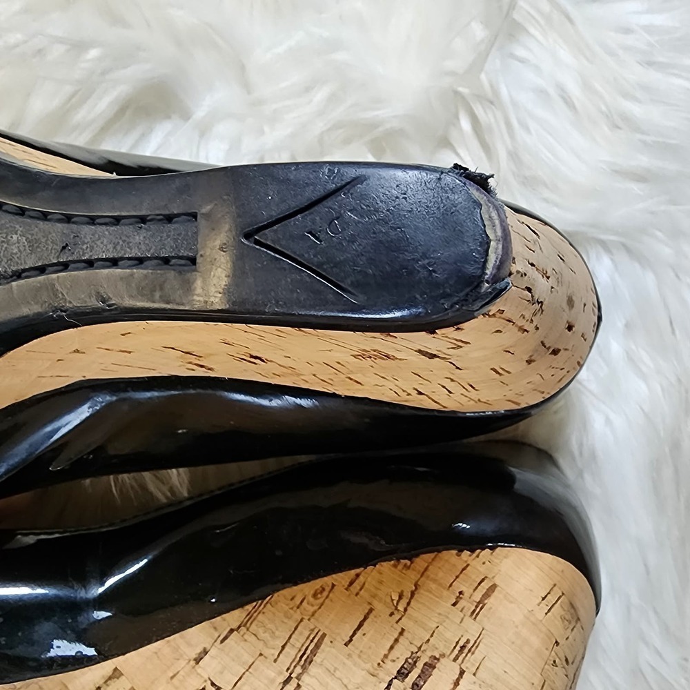 Prada Black Patent Leather Cork Wedge Heels Sz 40 - Picture 11 of 14